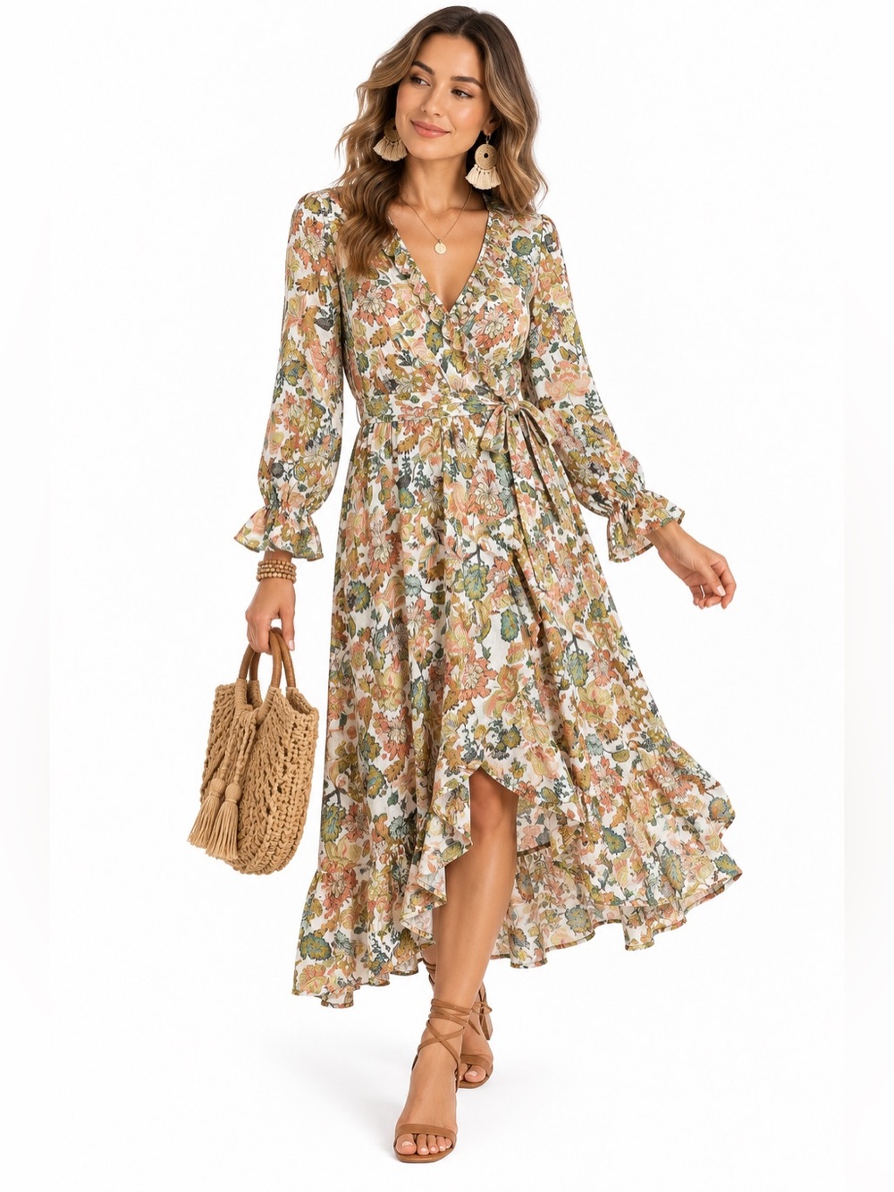 Buffalo David Bitton Angelique Floral Wrap Midi Dress S NWT V Neck Ruffle Boho